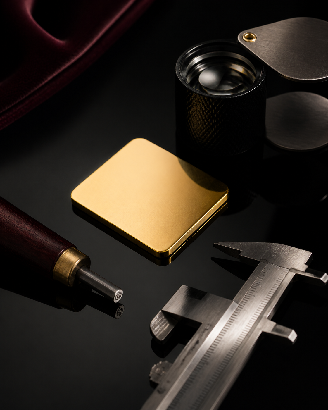 Jeweler's loupe, caliper and hallmark tools beside a polished gold sample